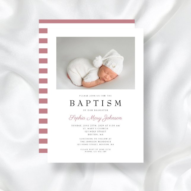 Modern Rosa Rand Elegant Girl Girl Baptism Photo Inbjudningar (Modern Pink Stripes Elegant Girl Baptism Photo Invitation)