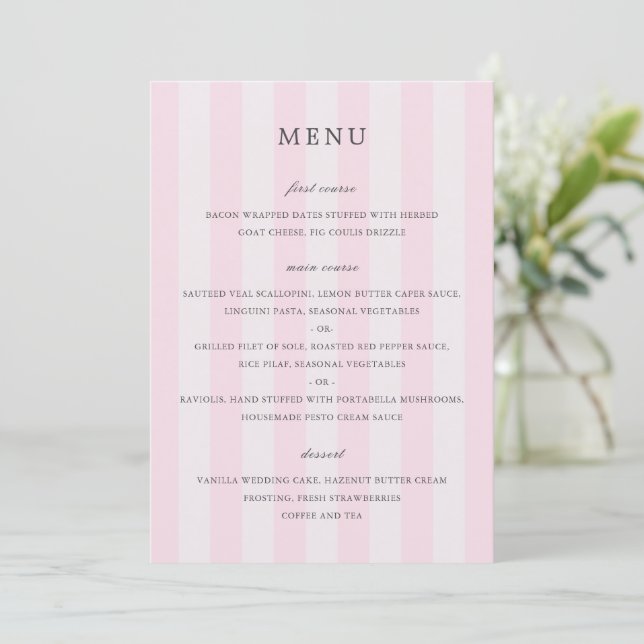 Modern Rosa Randig Elegant Bröllop Meny (Stående Fram)