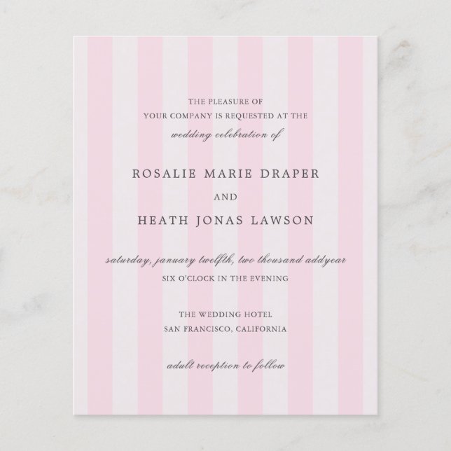 Modern rosa randig elegant budget bröllopsinbjudan flygblad (Framsidan)