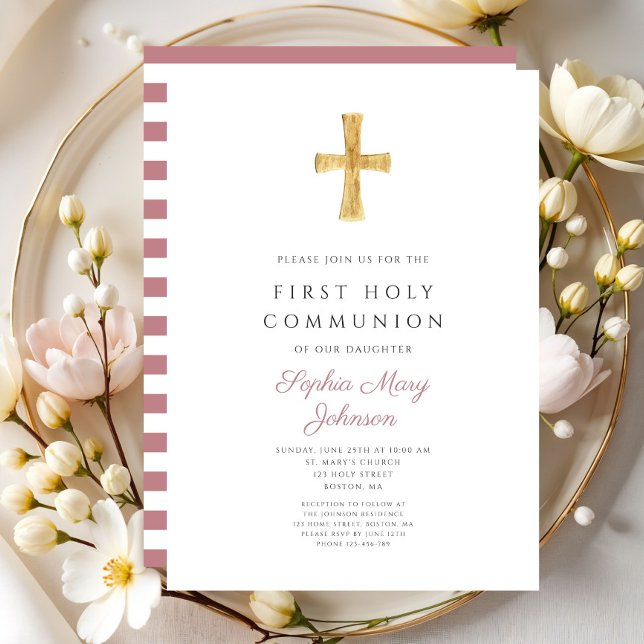 Modern Rosa Randig Kors Flickas Första Nattvard Inbjudningar (Modern Pink Stripes Cross Girl First Communion Invitation )