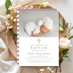 Modern Rosa Randig Religiös Kors Foto Dop Inbjudningar