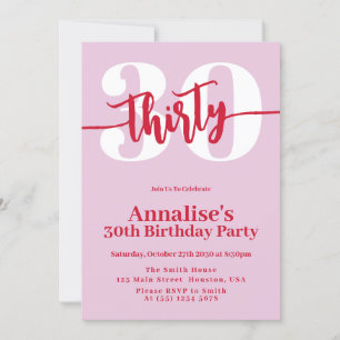 Modern Rosa Red 30års födelsedag Party Inbjudningar