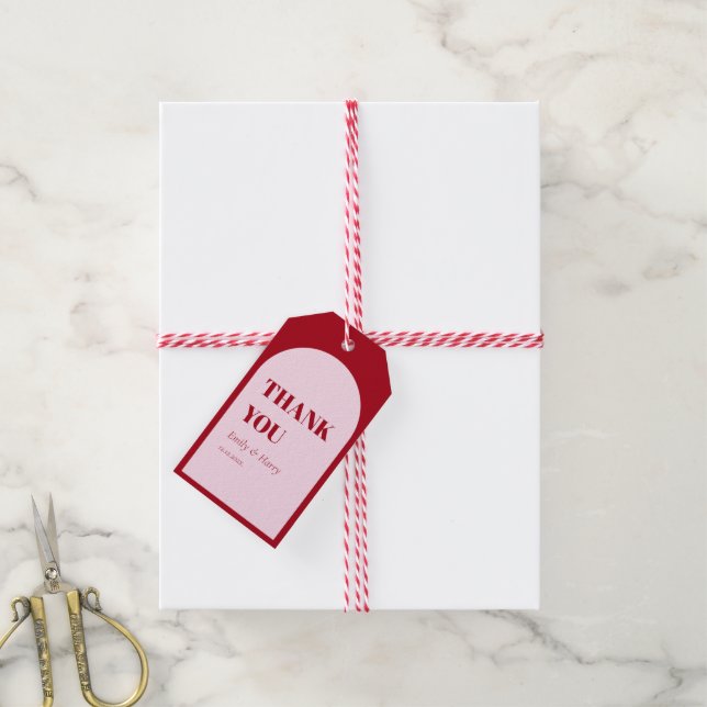 Modern Rosa Red Bold Arch Wedding Favands Presentetikett (Med Snöre)