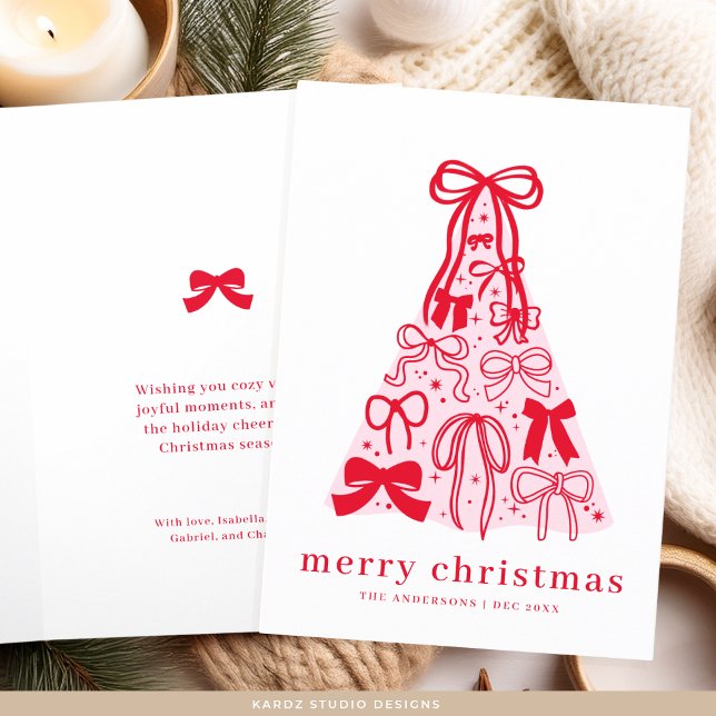Modern Rosa Red Bows God jul Helgdag Card Kort (Folded card shown in 5 x 7 inches with square corners. Customize and choose paper and corner style.)