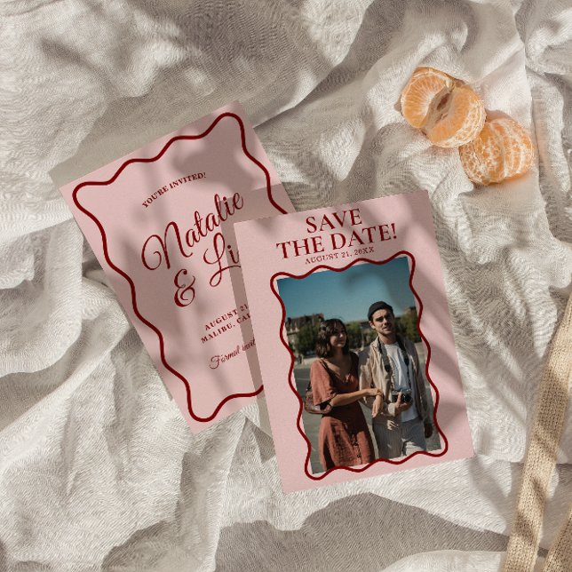 Modern Rosa Red BrightStor Fold Retro Photo Bröllo Spara Datumet (Skapare uppladdad)