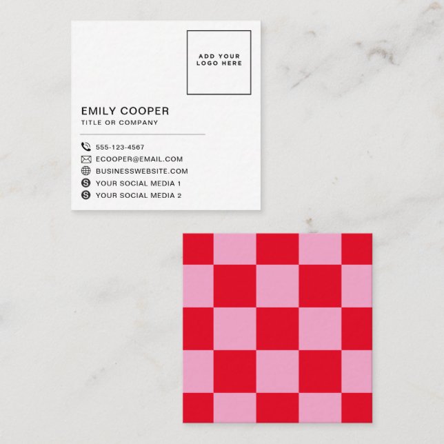 Modern Rosa Red | Checker Checkboard Din Logotyp Fyrkantigt Visitkort (Fram/baksida)