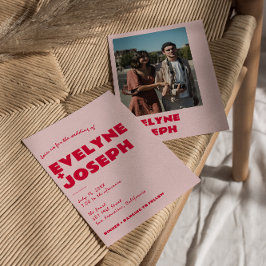 Modern Rosa Red Retro Fold Funky Photo Bröllop Inbjudningar