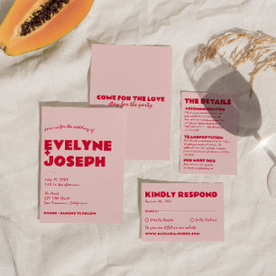 Modern Rosa Red Retro Fold Funky Unik Bröllop Inbjudningar
