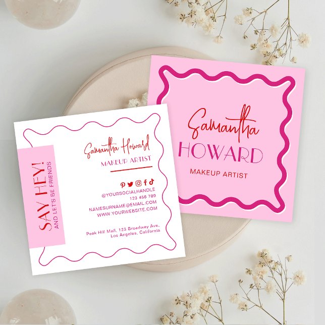 Modern Rosa & Red Retro Stil Makeup Artist Beauty Fyrkantigt Visitkort (Skapare uppladdad)