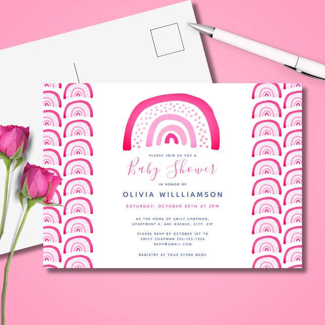 Modern rosa regnbåge baby shower vykort (Pink girls baby shower invitation postcard.  Matching accessories and party range available. )