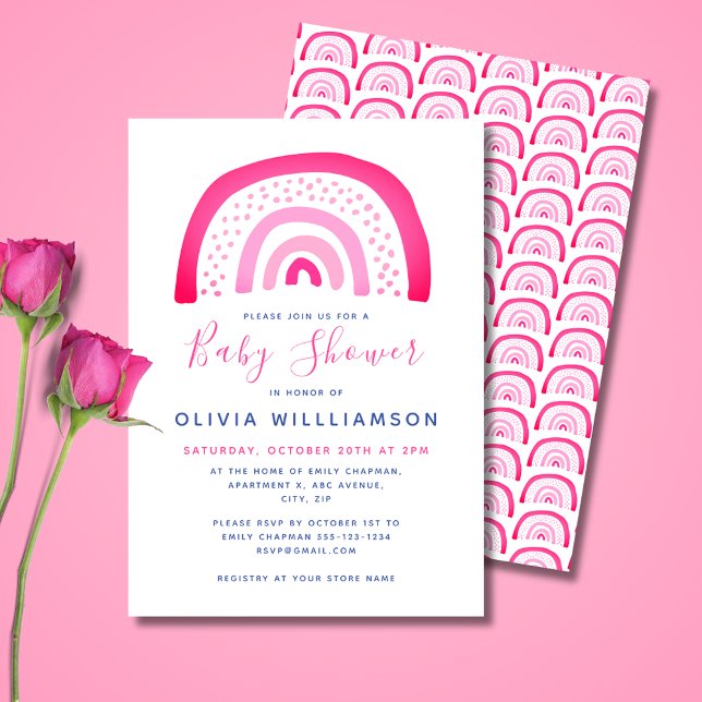 Modern rosa regnbåge, babydusch inbjudningar (Cute pink girls' rainbow, baby shower invitations and matching party range. 
)