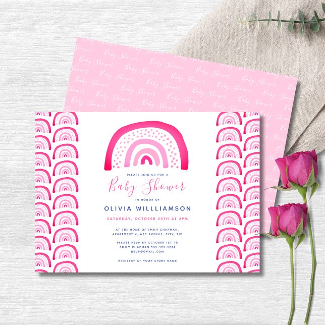 Modern Rosa Regnbåge Bebis Shower Inbjudningar (Pink rainbow baby shower landscape invitation.  Matching accessories and party range available.)