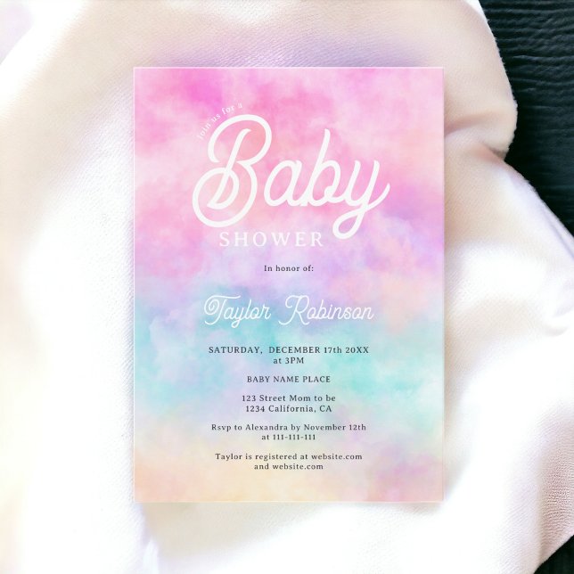 Modern rosa regnbåge vattenfärgmoln Babydusch Inbjudningar (Modern pink rainbow watercolor clouds Baby shower Invitation)