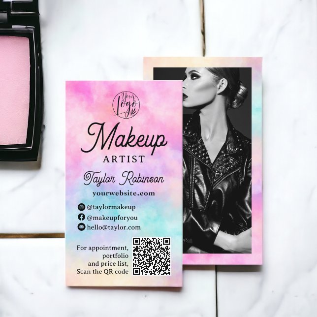 Modern rosa regnbåge, vattenfärgsbildande konstnär visitkort (Modern pink rainbow watercolor makeup artist business card)