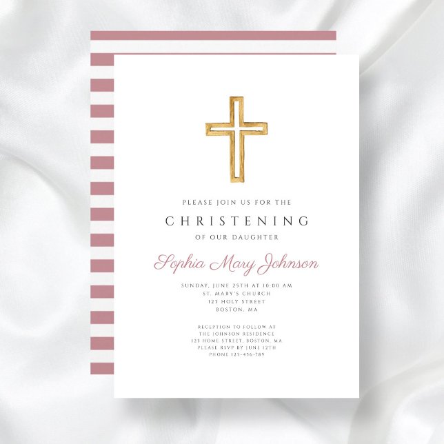 Modern Rosa Religiösa Kor Christening Inbjudningar (Modern Pink Religious Cross Christening Invitation)