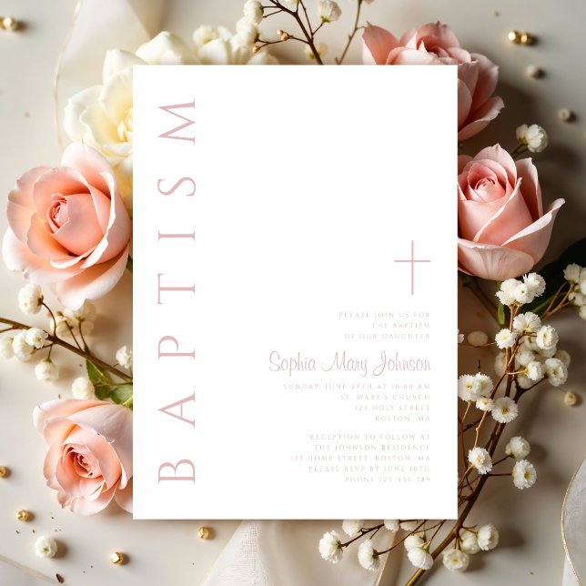 Modern  Rosa Religiösa Kor Flickor Baptism i Inbjudningar (Modern Blush Pink Religious Cross Girl Baptism Invitation)