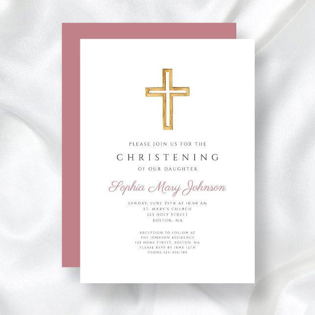 Modern Rosa Religiösa Kor Girl Christening Inbjudningar (Modern Pink Religious Cross Girl Christening Invitation)