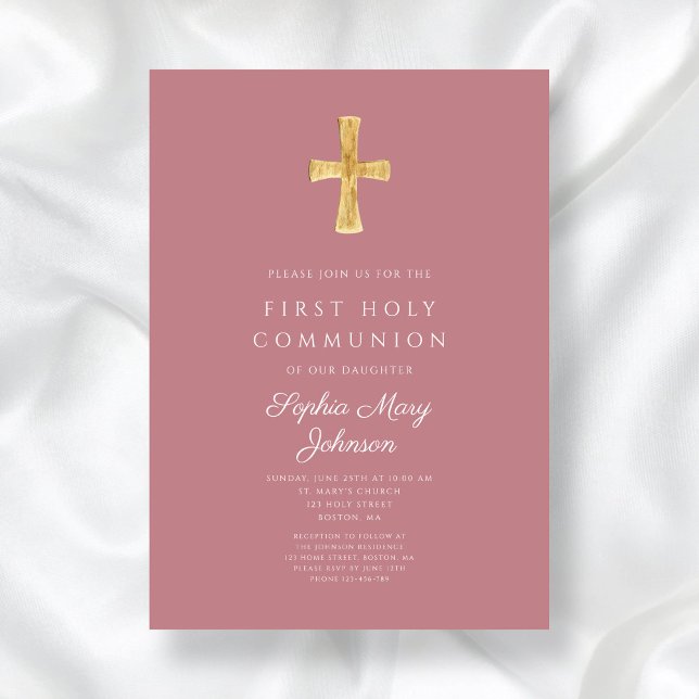 Modern Rosa Religiösa Kor Girl First Communion Inbjudningar (Modern Pink Religious Cross Girl First Communion Invitation)