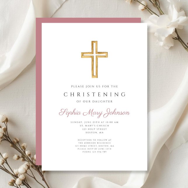 Modern Rosa Religiöst Kors Flicka Dop Inbjudningar (Modern Pink Religious Cross Girl Christening Invitation)