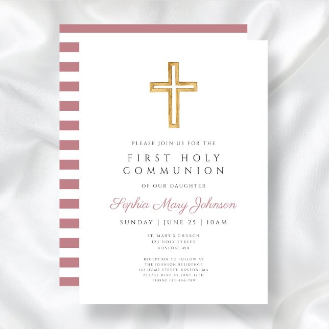 Modern Rosa Religiöst Kors Flicka Första Nattvarde Inbjudningar (Modern Pink Religious Cross Girl First Communion Invitation)