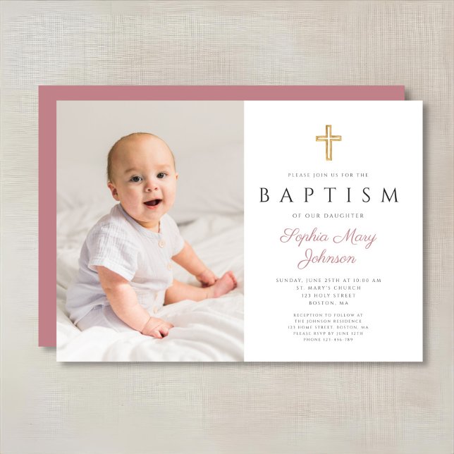 Modern Rosa Religiöst Kors Flicka Foto Dop Inbjudningar (Modern Pink Religious Cross Girl Photo Baptism Invitation)