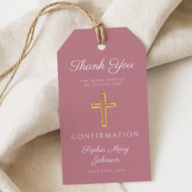 Modern Rosa Religiöst Kors Pojkkonfirmation Presentetikett (Modern Pink Religious Cross Boy Confirmation Gift Tags)