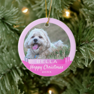 Modern Rosa Ribbon Hund eller Pet Photo Jul Julgransprydnad Keramik