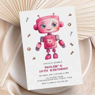 Modern Rosa Robot Girl Födelsedagsfest Inbjudningar
