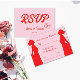 Modern Rosa & Röd Lesbisk Bröllops-RSVP OSA Kort