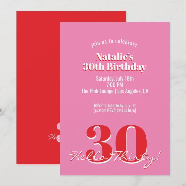 Modern Rosa Röd Minimalistisk 30-års Födelsedag Inbjudningar (Fram/baksida)