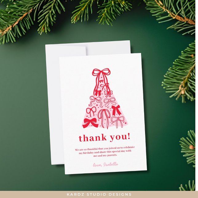Modern Rosa Röd Trädslinga Födelsedag Tack Kort (Flat Thank You Card shown in 3.5 x 5 inches. Choose size, paper type, and standard-high def. print)