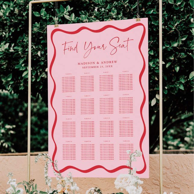 Modern Rosa Röd Vågig Ram 16 Bord Placeringsplan Poster (Skapare uppladdad)