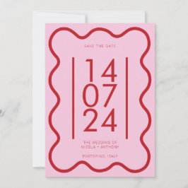 Modern rosa röd vågigt gräns bröllop spara datum inbjudningar