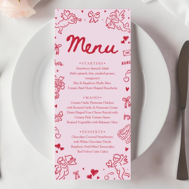 Modern Rosa Röda Hjärtan Handritad Valentine Meny (Modern Pink Red Hearts Hand Drawn Valentine Menu)