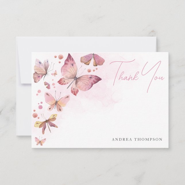 Modern Rosa Rodnad Fjärilar Bröllopsfest Tack Kort (Framsida)