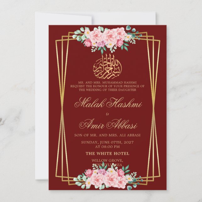 Modern Rosa ros burgundy Islamic Muslim bröllop Inbjudningar (Framsida)