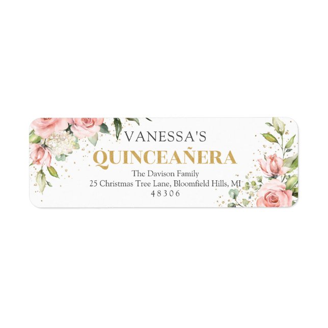 Modern  rosa ros guld tiara 15-årsdag returadress etikett (Framsidan)