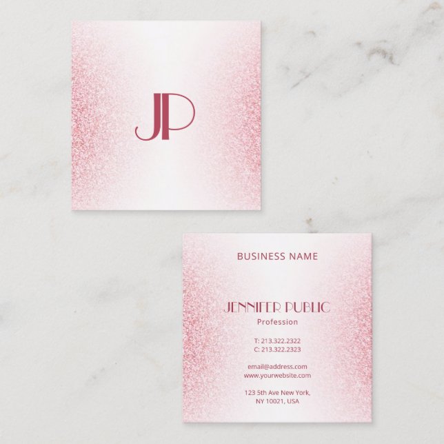 Modern Rosa ros i Monogram-mallen Guld Glitter Fyrkantigt Visitkort (Fram/baksida)