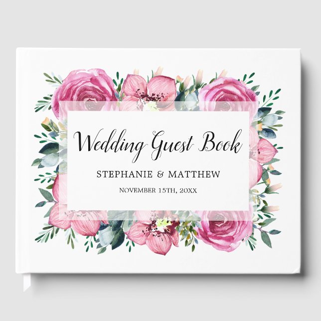 Modern Rosa ros Orchid Blommigt Watercolor Bröllop Gästböcker (Framsida)