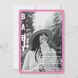 Modern Rosa Round B/W Photo Baby Shower Inbjudningar