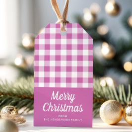 Modern rosa rutig God Jul Presentetikett