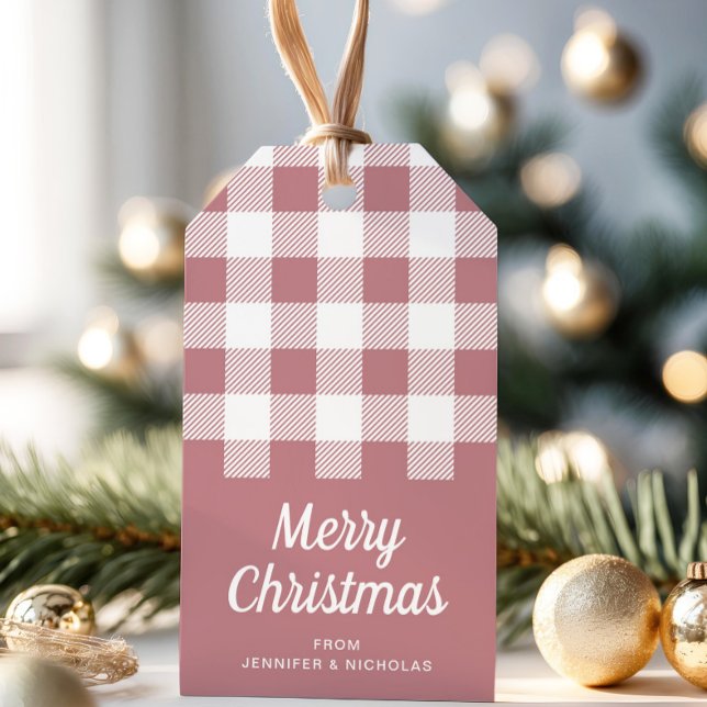Modern rosa rutig God Jul Presentetikett (Modern Pink Plaid Merry Christmas Gift Tags)