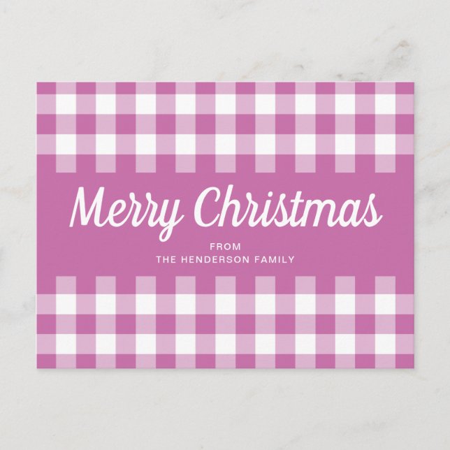 Modern rosa rutig God Jul  Vykort (Framsida)