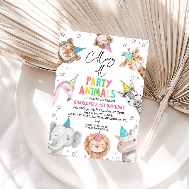 Modern Rosa Safari som kallar Party djur på födels Inbjudningar (Colorful Safari Party Animals 1st Birthday Invitation, Calling All Party Animals Birthday Invite )
