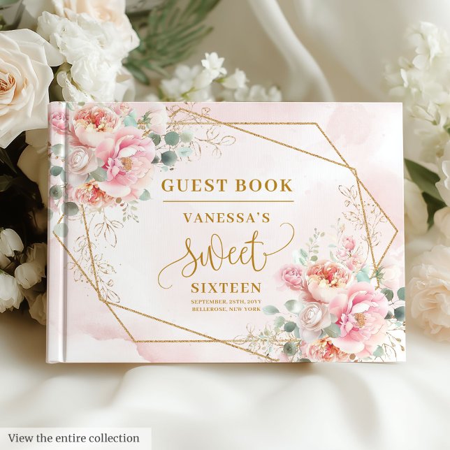 Modern  Rosa Sage Guld Blommigt Sweet sixteen Gästböcker (Modern Blush Pink Sage Gold Floral Sweet 16 Guest Book)