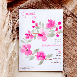 Modern rosa sakura blommigt vattencolor Sweet 16 Inbjudningar