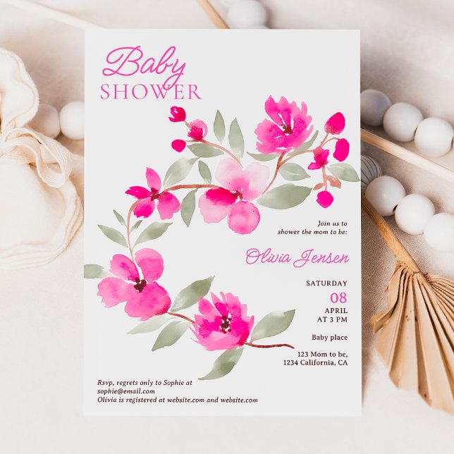 Modern rosa sakura blommigt vattenfärgsdusch för b inbjudningar (Modern pink sakura floral watercolor baby shower invitation)