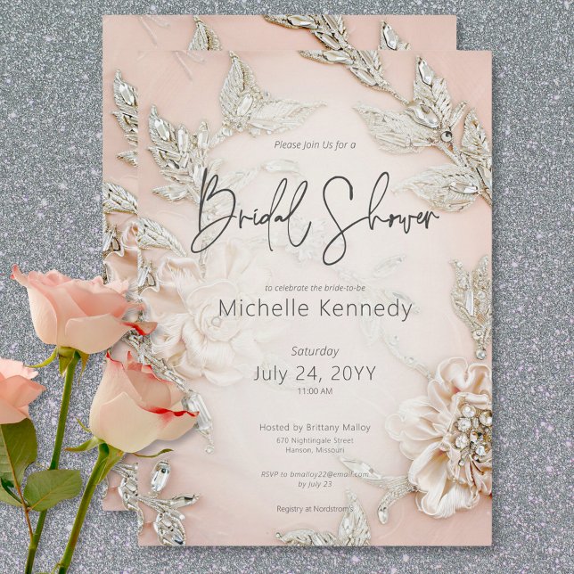 Modern Rosa Satin Embroidery & Glam Möhippa Inbjudningar (Modern Pink Satin Embroidery & Glam Bridal Shower Invitation)