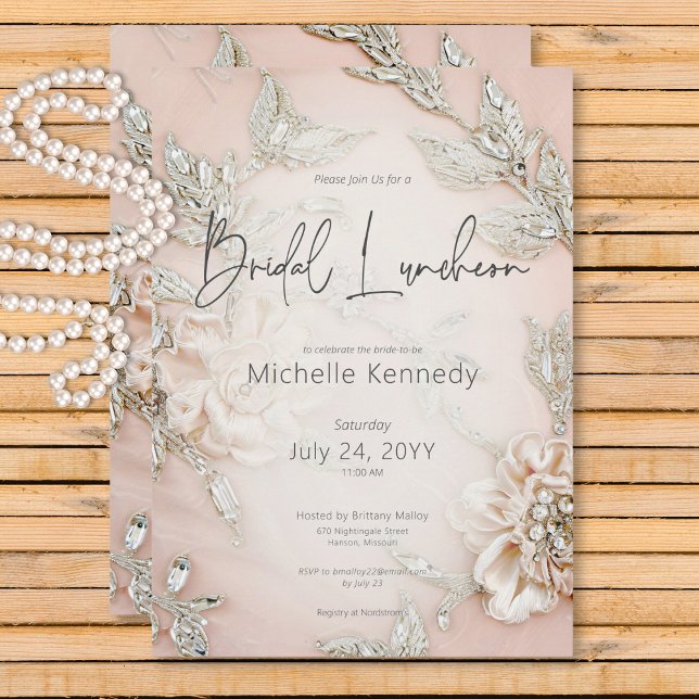 Modern Rosa Satin Embroidery Glam Möhippa Luncheon Inbjudningar (Modern Pink Satin Embroidery Glam Bridal Luncheon Invitation)