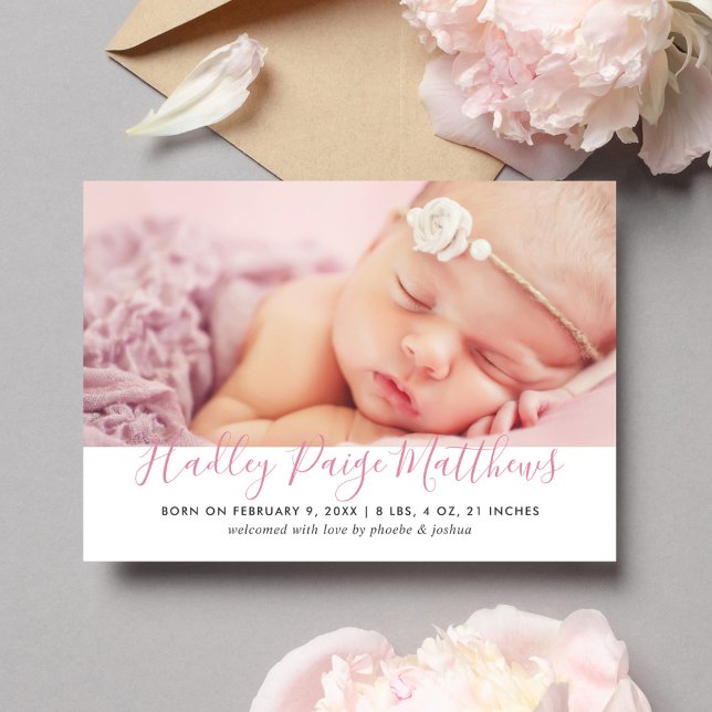 Modern Rosa Script Flicka Photo Birth Meddelande (Skapare uppladdad)
